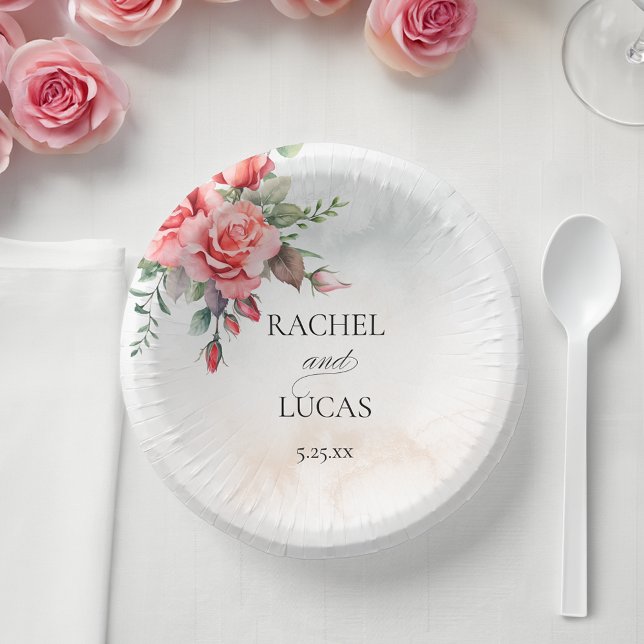 Romantic Watercolor Pink Roses Paper Plate (Creator Uploaded)