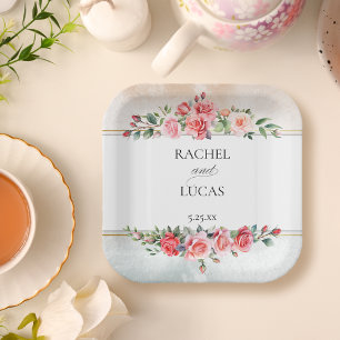 Romantic Watercolor Pink Roses Paper Plate