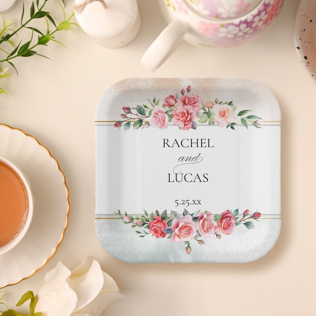 Romantic Watercolor Pink Roses Paper Plate (Creator Uploaded)