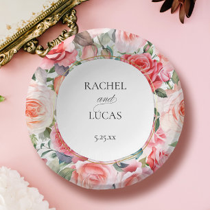 Romantic Watercolor Pink Roses Paper Plate