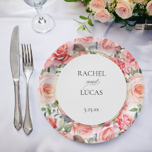 Romantic Watercolor Pink Roses Paper Plate