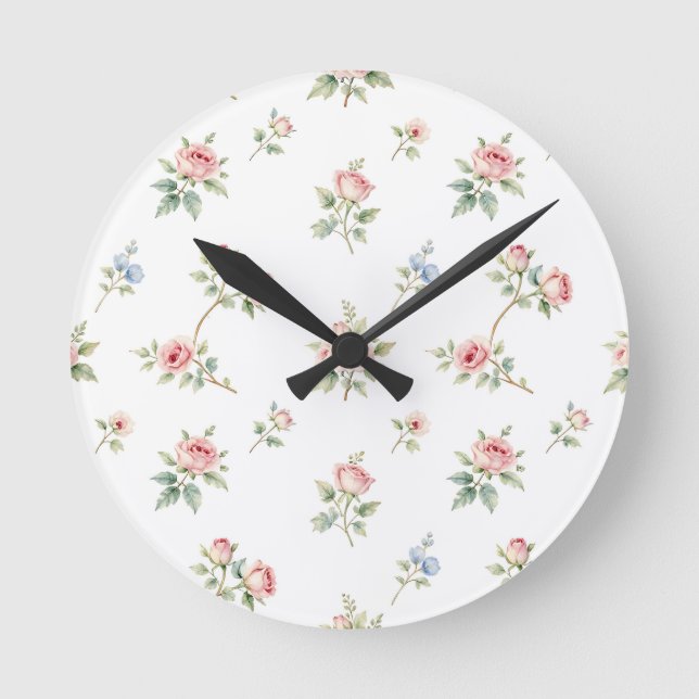 Romantic Watercolor Pink Roses Pattern Round Clock (Front)