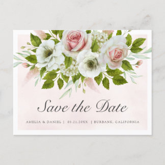 Romantic Watercolor Pink Roses Save The Date Announcement Postcard
