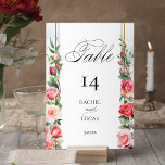 Romantic Watercolor Pink Roses Table Number<br><div class="desc">Elegant columns of vibrant pink and blush watercolor roses and sage foliage bordering a centre blank label with thin gradient gold bands on a subtle watercolor background. Includes editable text fields and "Table" text graphic in custom script font (or delete and customise in the design editor).</div>