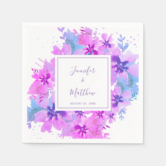 Romantic Watercolor Purple Floral Wedding Napkins  (Front)