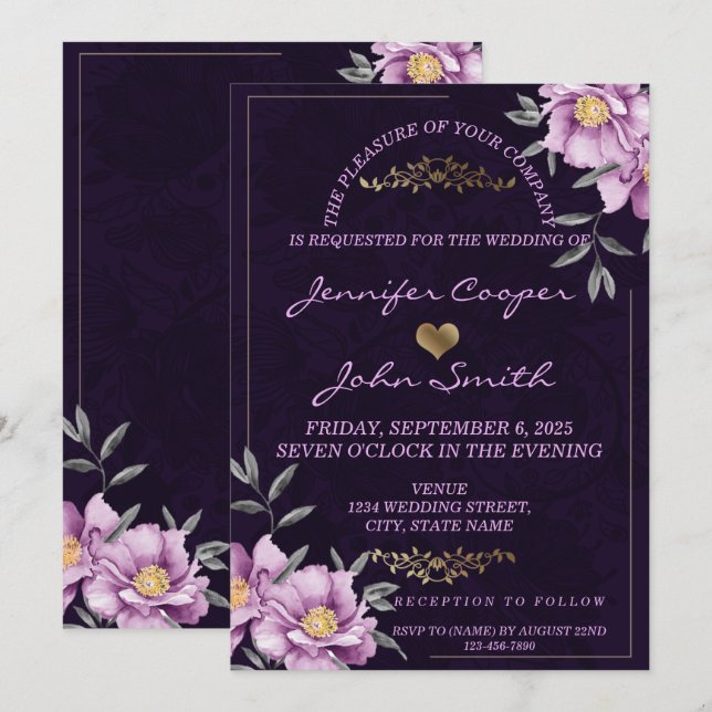 Romantic Watercolor Purple Peony Floral Wedding Invitation (Front/Back)