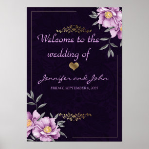 Romantic Watercolor Purple Peony Wedding Welcome Poster