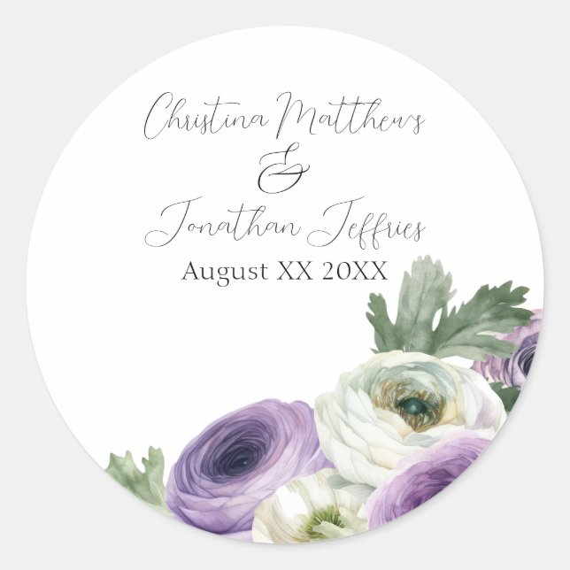 Romantic Watercolor Purple & White Ranunculus Classic Round Sticker (Front)