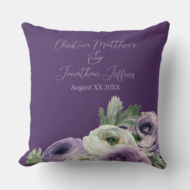 Romantic Watercolor Ranunculus on Dark Purple Cushion (Front)