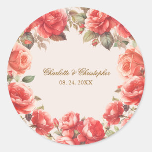 Romantic Watercolor Red Roses Floral Wedding Classic Round Sticker
