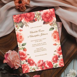 Romantic Watercolor Red Roses Floral Wedding Invitation