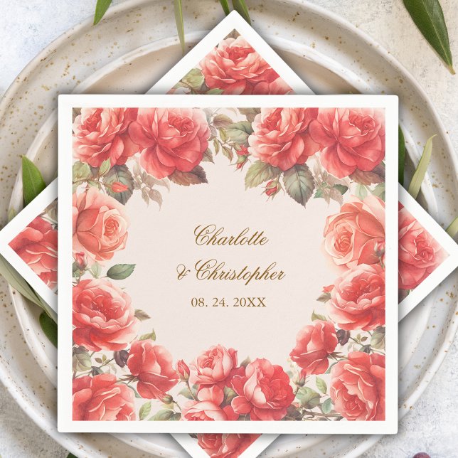 Romantic Watercolor Red Roses Floral Wedding Napkin (Creator Uploaded)