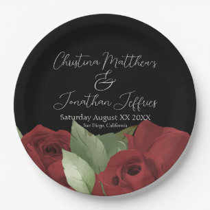 Romantic Watercolor Red Roses on Black Paper Plate