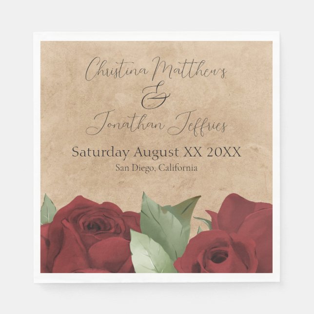 Romantic Watercolor Red Roses on Rustic Parchment Napkin (Front)