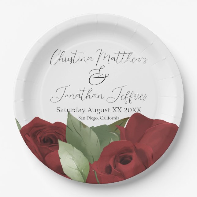 Romantic Watercolor Red Roses Paper Plate (Front)