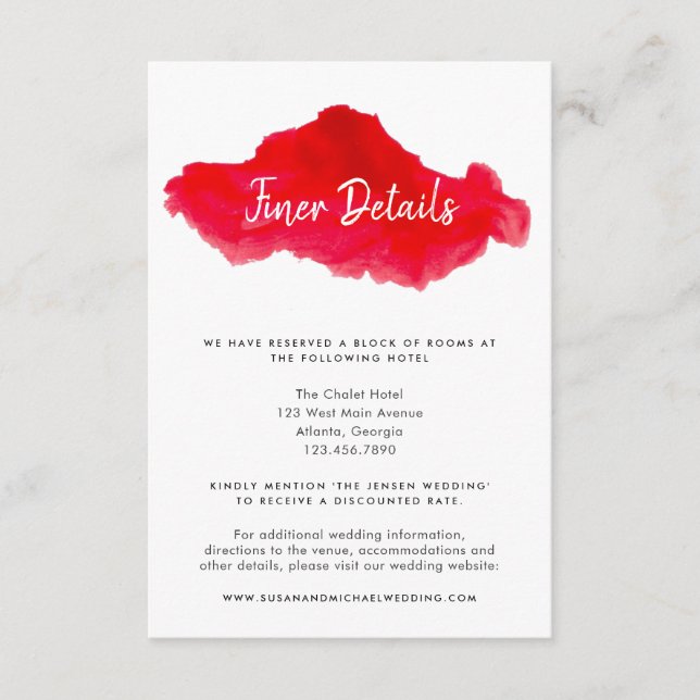 Romantic Watercolor Red Wedding Details Card (Front)