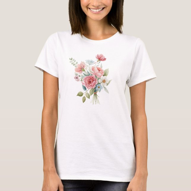 Romantic Watercolor Rose Floral Bouquet T-Shirt (Front)