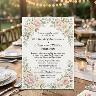 Romantic Watercolor Roses 20th Wedding Anniversary Invitation
