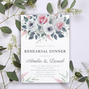 Romantic Watercolor Roses Blue Rehearsal Dinner Invitation