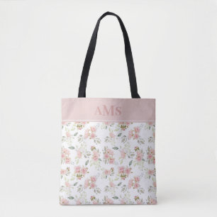 Romantic Watercolor Roses   Blush Pink Monogram Tote Bag