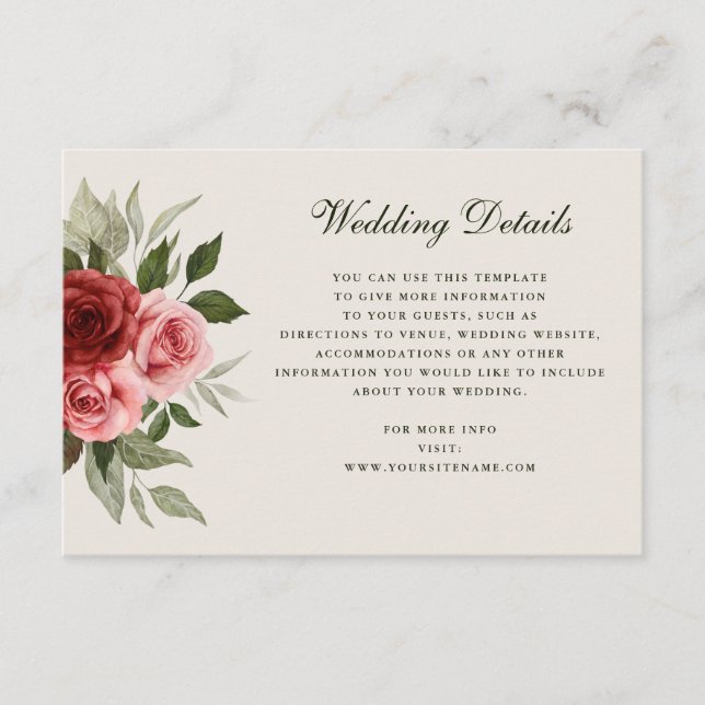 Romantic Watercolor Roses Elegant Wedding Details  Enclosure Card (Front)