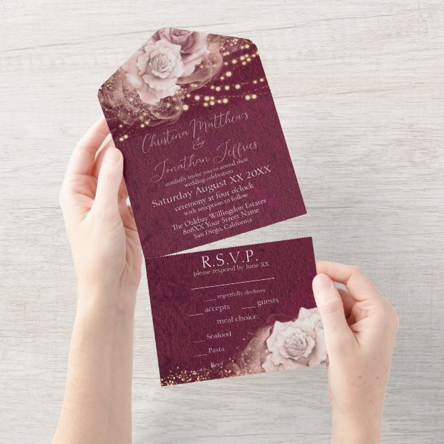 Romantic Watercolor Roses on Burgundy All In One Invitation (Tearaway)