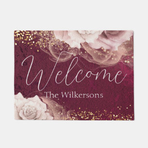 Romantic Watercolor Roses on Burgundy Doormat