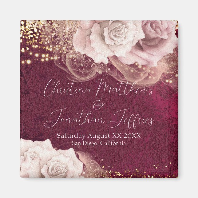 Romantic Watercolor Roses on Burgundy Wedding Magnet (Front)