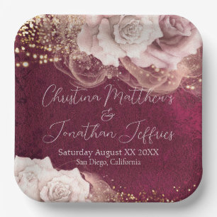 Romantic Watercolor Roses on Burgundy Wedding Paper Plate