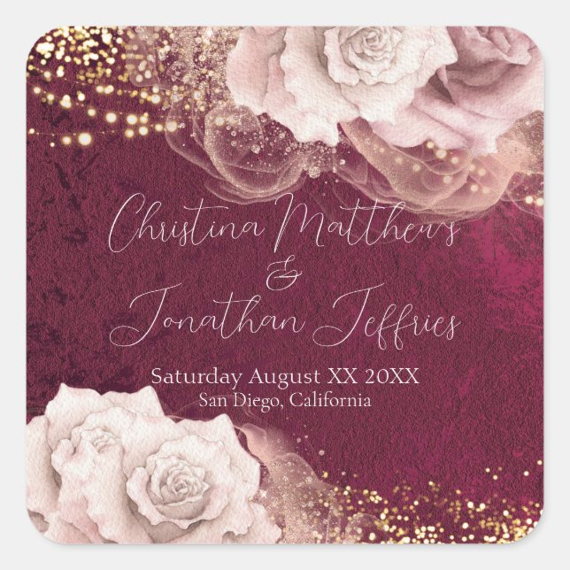 Romantic Watercolor Roses on Burgundy Wedding Square Sticker (Front)