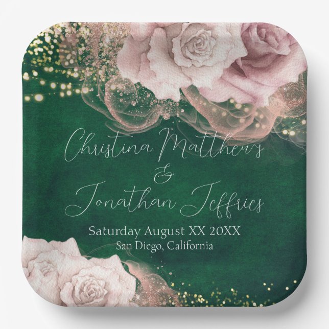 Romantic Watercolor Roses on Emerald Green Wedding Paper Plate (Front)