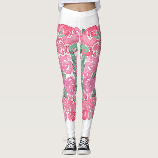 Romantic Watercolor Roses Pink Red Floral Pattern Leggings