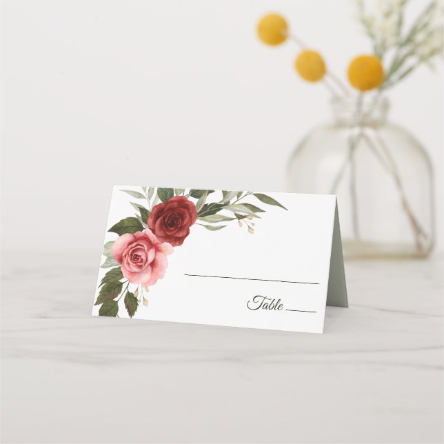 Romantic Watercolor Roses Wedding Place Card (Front)