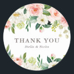 Romantic Watercolor Spring Bloom Wedding Thank You Classic Round Sticker<br><div class="desc">Romantic Watercolor Spring Bloom Wedding Thank You Classic Sticker | Customisable thank you sticker featuring watercolor illustrations of white and peach roses and peonies with foliage accents. This floral thank you sticker is perfect for weddings,  bridal showers,  baby showers and so much more.</div>