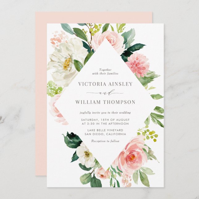 Romantic Watercolor Spring Blooms Wedding Invitation (Front/Back)