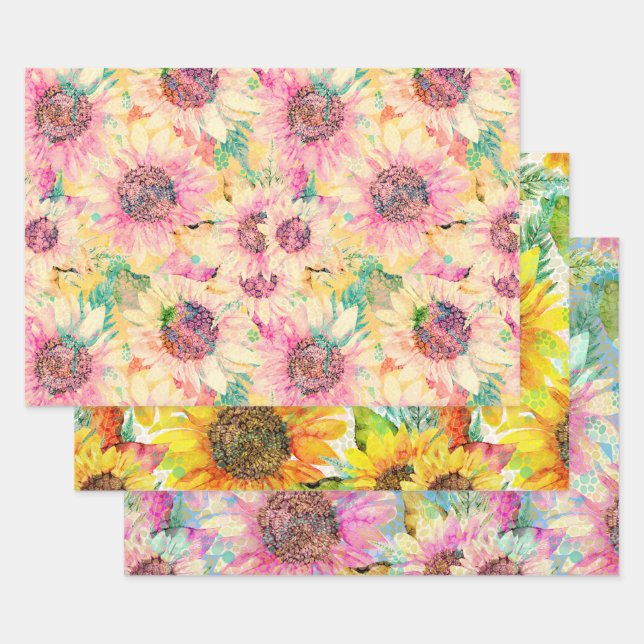 Romantic Watercolor Sunflower Pattern Wrapping Paper Sheet (Set)