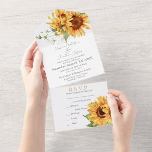 Romantic Watercolor Sunflowers All In One Invitation