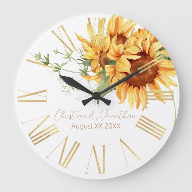 Romantic Watercolor Sunflowers Large Clock (Front)