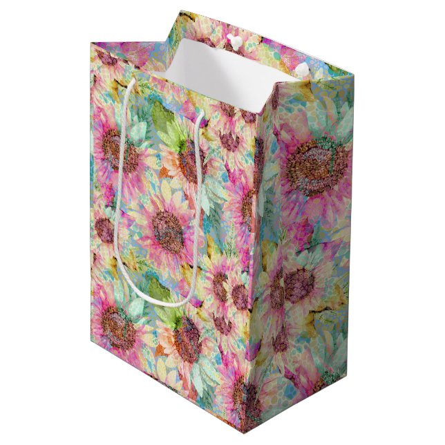 Romantic Watercolor Sunflowers Medium Gift Bag (Front Angled)