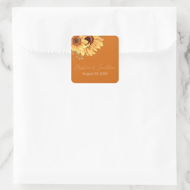 Romantic Watercolor Sunflowers on Burnt Orange Square Sticker (Bag)