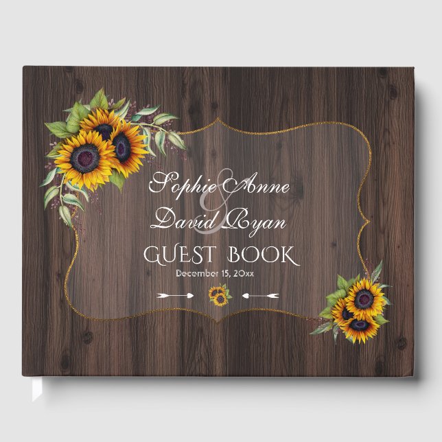 Romantic Watercolor Sunflowers Wood Wedding Guest Book (Front)