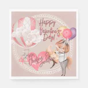 Romantic Watercolor Valentine Love Foxes on Pink Napkin