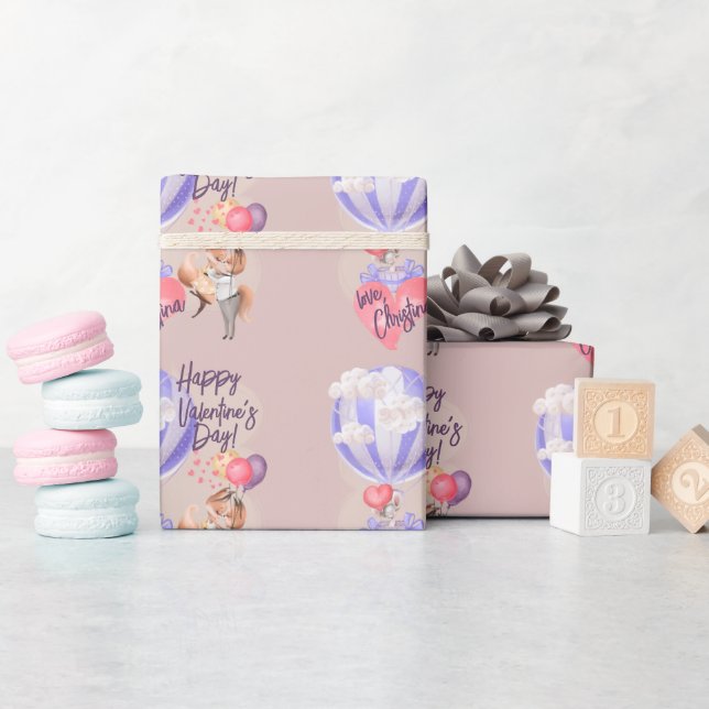 Romantic Watercolor Valentine Love Foxes on Pink Wrapping Paper (Baby Shower)