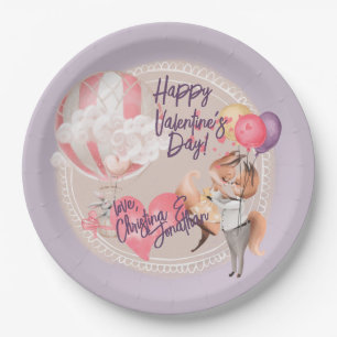 Romantic Watercolor Valentine Love Foxes on Purple Paper Plate