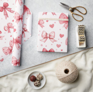 Romantic Watercolor Valentine Pink Bow Heart Wrapping Paper