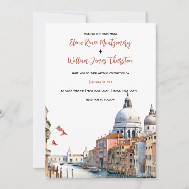 Romantic Watercolor Venice Italy Wedding  Invitation (Front)