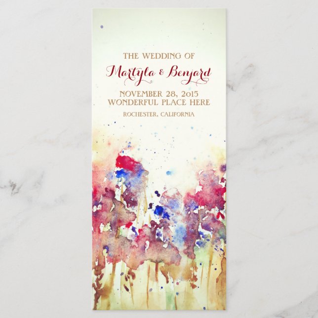 romantic watercolor wedding programs- fall flowers programme (Front)