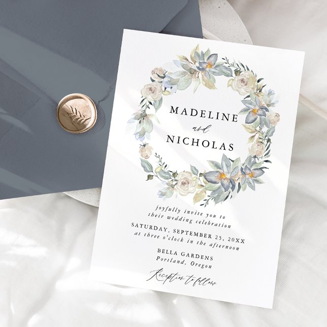 Romantic Watercolor White & Blue Floral Wedding Invitation (Creator Uploaded)