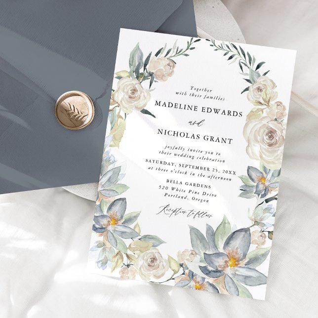 Romantic Watercolor White Floral Wreath Wedding Invitation (Creator Uploaded)