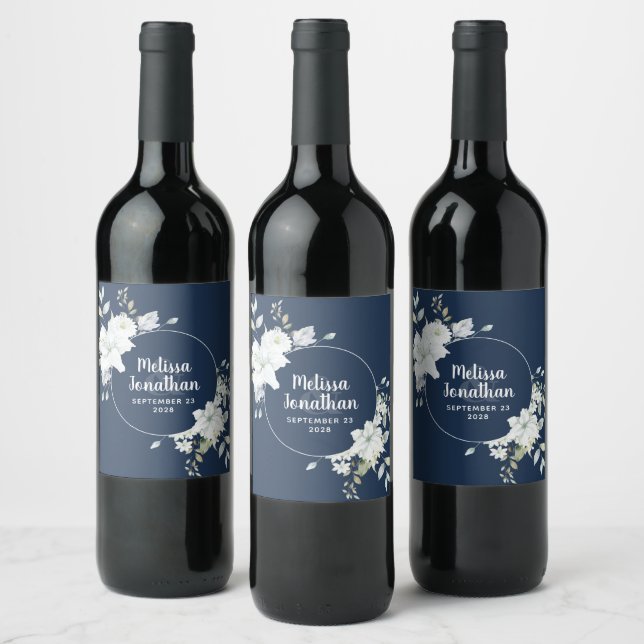 Romantic watercolor white flowers wedding custom wine label (Bottles)